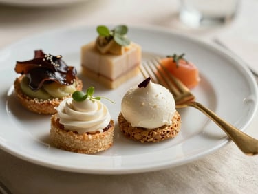 Extreme close-up of an elegantly plated wedding appetizer on a white bone-china plate, gold fork resting alongside, soft north-facing daylight, cream linen beneath
