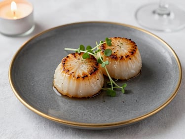 Close-up of a private dinner first course—seared scallop on a slate-grey plate with gold rim, micro-herb garnish, candle glow from left, white linen beneath