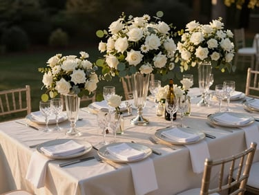Overhead view of a wedding reception table set for fine dining — ivory silk linens, tall white floral arrangements of garden roses and eucalyptus, crystal stemware catching warm golden-hour light, no guests, pre-service stillness