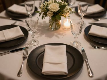 Overhead close-up of a corporate gala table setting—black charger plates, folded napkins, crystal water glasses, minimal floral centerpiece, warm ambient light