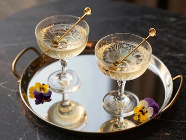 Overhead composition of two crystal coupes filled with champagne and elderflower cocktail on a mirrored tray, gold stirrers, fresh edible flowers, warm golden-hour light, dark marble surface