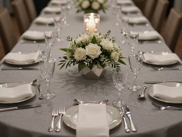 Straight-on view of a corporate gala table setting — slate-grey linen, geometric low floral centerpiece, polished silver flatware, crystal water glasses catching diffused chandelier light, empty pre-service, no attendees