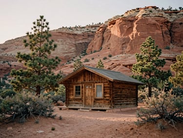 A rustic wooden cabin nestled among dusty green pine trees at the foot of a red sandstone cliff, soft morning light, 35mm film look