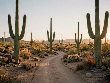 Dusty off-road trail winding through giant saguaro cacti in the Arizona desert, late afternoon sun, 35mm film look