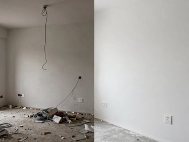 A split-screen comparison. On the left, a chaotic room with hanging wires and broken plaster. On the right, the exact same wall perfectly finished, painted in clean white, with modern minimalist electrical outlets