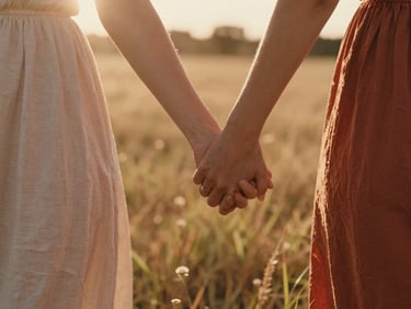 Cinematic close-up of a couple holding hands while walking through a sun-drenched meadow, soft motion blur, rich terracotta tones
