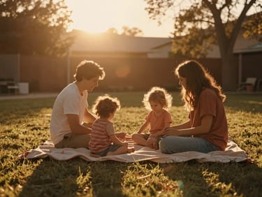 Warm backlit wide shot of a family playing on a blanket in their backyard, golden hour sunlight, authentic unposed lifestyle photography