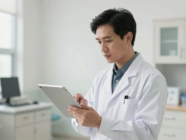 Vietnamese clinician interacting with a tablet interface in a modern hospital setting, bright neutral daylight, professional clinical tones, shallow depth of field.