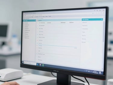 Close-up of a medical data dashboard on a monitor, displaying anonymized patient data, in a clean laboratory environment, bright neutral daylight, professional clinical tones, shallow depth of field, sharp 50mm lens