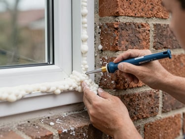 Installer's hands applying professional-grade expanding foam sealant around a PVC window frame set into a brick wall opening, foam bead consistent and controlled, overcast daylight, brick and mortar texture in sharp detail, no gloves off, no posed expression