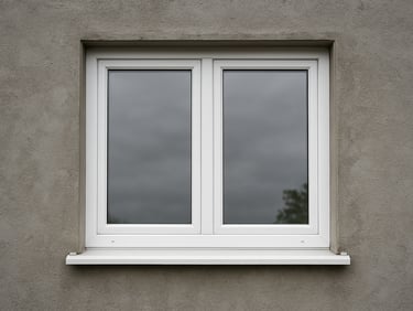 Wide shot of a completed PVC window installation on a residential facade in flat overcast daylight, frame sitting perfectly flush with the wall surface, clean sill drainage channels visible, no caulk gaps, concrete surround in sharp focus