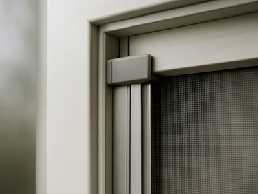 Close-up of a retractable insect screen rail system mounted into a PVC door frame, aluminum guide channel flush with the profile, overcast natural light showing the mechanical precision of the fit, no visible gaps between screen housing and frame