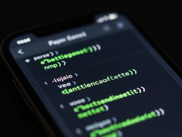 Macro shot of a dark-themed code editor on a mobile screen, glowing neon green syntax highlighting, sharp focus, low-key lighting.