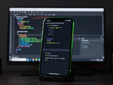 Dark-themed developer environment on a physical monitor showing clean C++ game engine code blocks, subtle neon green edge glows, macro focus, 50mm
