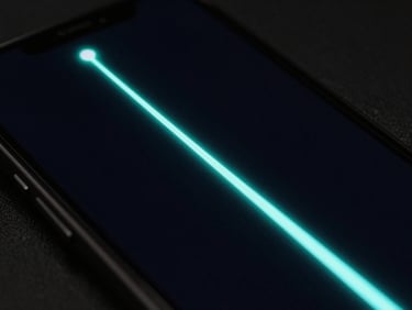 Macro shot of a mobile screen showing a minimalist vector space shooter game, neon cyan laser vectors on a deep black background