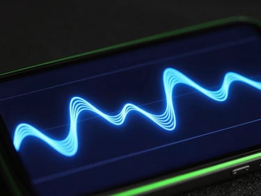 Macro shot of a mobile screen showing a minimalist high-speed rhythm game, glowing neon blue wave patterns on a dark background