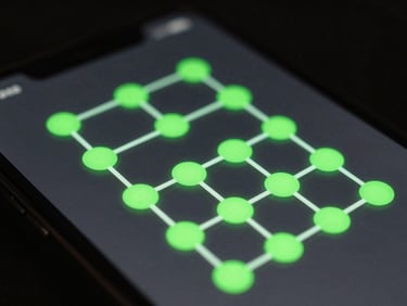 Extreme close-up of a mobile screen showing a minimalist pathfinding puzzle game, glowing neon green nodes on a dark grey interface