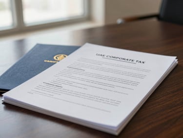 Close-up of UAE corporate tax law documents on a dark wooden desk, soft side lighting