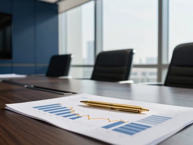 Modern Dubai corporate boardroom table with financial charts and gold pen, high-key natural light