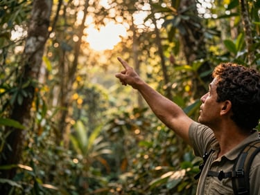 Warm editorial travel photography, golden-hour jungle light, close-up of a local guide pointing up towards the rainforest canopy, 35mm
