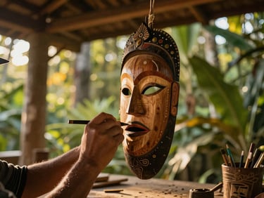 Warm editorial travel photography, local artisan hands carving a wooden mask under a rustic porch, 35mm