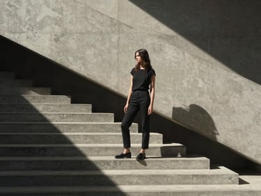 Wide shot of a model standing on a brutalist concrete staircase, sharp directional sunlight creating harsh geometric shadows, minimalist composition.