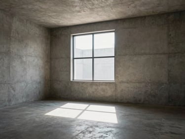 Interior of a raw concrete gallery space, single geometric window casting a sharp rectangular beam of light onto the floor, absolute stillness