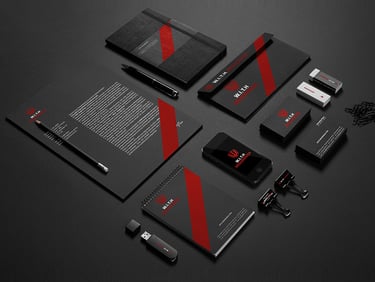 a black and red stationery with a black and white logo