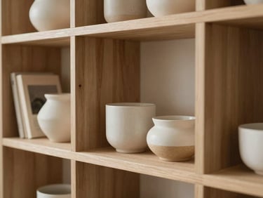 Close-up styled vignette of a minimalist oak shelving unit with curated ceramic pots and books, soft morning light, warm neutral tones, 35mm lens