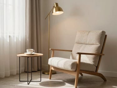 A cozy reading corner with a modern lounge chair, a brass floor lamp, and a small side table holding a coffee cup, diffused daylight, warm editorial style, 35mm lens