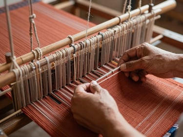 Close-up of hands weaving a traditional textile on a handloom, warm clay tones, focused craftsmanship, natural light.