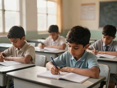 Eye-level medium shot of children sitting in a bright, clean classroom in India, writing attentively in notebooks with pencils, soft golden hour light filtering through windows.