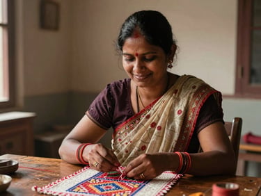 Medium eye-level shot of a tribal woman in Maharashtra sitting at a wooden table, smiling confidently while demonstrating a hand-stitched textile craft, warm natural daylight.