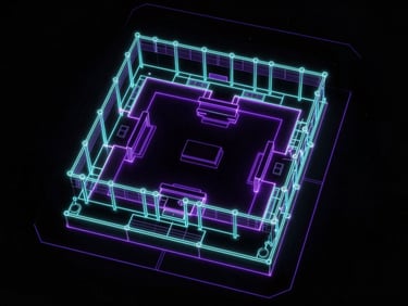 Technical vector map of an art gallery space, glowing neon cyan and purple floorplan lines on a deep black background, clean blueprint style.