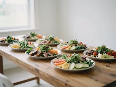 A straight-on eye-level shot of fresh artisanal catering platters arranged on a wooden table in a bright, overcast room, 35mm.