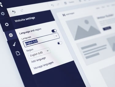 Clean, high-contrast screenshot of the Hostinger Website Builder interface, showing language settings or heading structure options, crisp studio lighting, deep navy and white tones, sharp macro focus.