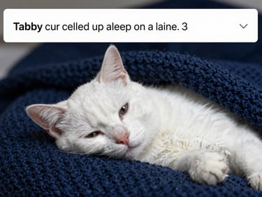 Screenshot of a website builder's alt text field containing 'Tabby cat curled up asleep on a blue knitted blanket.', clean high-contrast digital UI photography, crisp studio lighting, deep navy and white tones, sharp macro focus