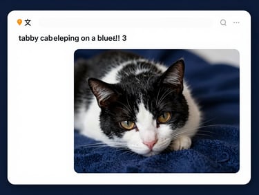 Screenshot of a website builder's alt text field containing 'tabby cat sleeping on a blue blanket', clean high-contrast digital UI photography, crisp studio lighting, deep navy and white tones, sharp macro focus