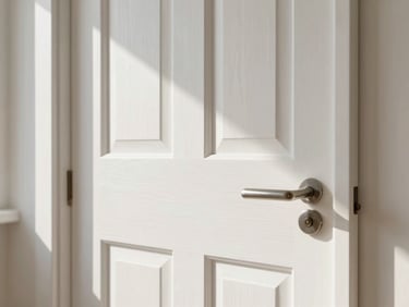 A clean, newly installed white wooden interior door in a bright modern home, soft shadows.