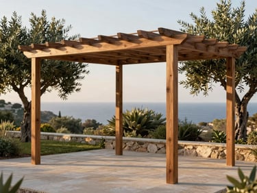 A beautiful modern wooden pergola installed over a stone patio in an Aegean garden, olive trees in the background, soft warm evening light