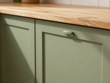 Close-up of newly installed olive green kitchen cabinets under bright Aegean sunlight, warm wood countertop details.