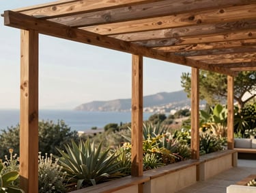 A modern wooden pergola overlooking a lush Aegean garden, soft afternoon sunlight filtering through the slats.