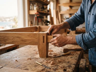 A master carpenter's hands carefully aligning a mortise and tenon joint on a warm oak table in a sunlit Urla workshop, wood shavings on the workbench, soft focus background.