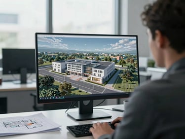 Over-shoulder view of an engineer at a workstation reviewing a high-detail photorealistic 3D architectural render on a large monitor, cool office daylight from a north-facing window, physical site plans visible on the desk beside the screen