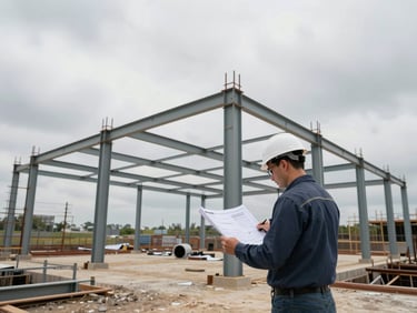 Wide-angle view of an active construction site from ground level, project manager in hard hat reviewing printed plans against partially erected steel structure, overcast sky, honest site conditions
