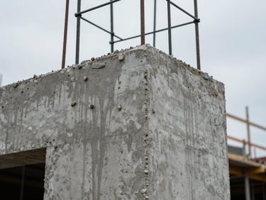 Extreme close-up of a concrete formwork detail at an active construction site, cool overcast daylight, water marks and aggregate texture visible on the surface, no people