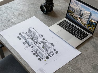 Flat-lay overhead of architectural site plan printed on large format paper alongside a laptop screen displaying a photorealistic 3D building render, both in sharp focus on a concrete-surface desk, cool north-facing daylight