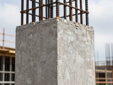 Extreme close-up of reinforced concrete column formwork detail on an active construction site, steel rebar visible through gaps, overcast daylight, surface texture sharp and clear