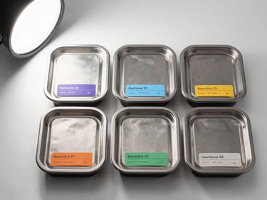 Overhead close-detail shot, bright studio strobe light on a neat lineup of four sealed meal trays on a clean white surface, each tray shows a different color-coded label indicating meal category, steel-gray tray lids reflect light evenly, no food exposed, pure operational readiness