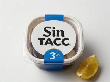 Overhead flatlay, bright natural light on a sealed individual meal box labeled 'Sin TACC', white surface, small lemon wedge alongside, lid closed, no food visible—clean and ready
